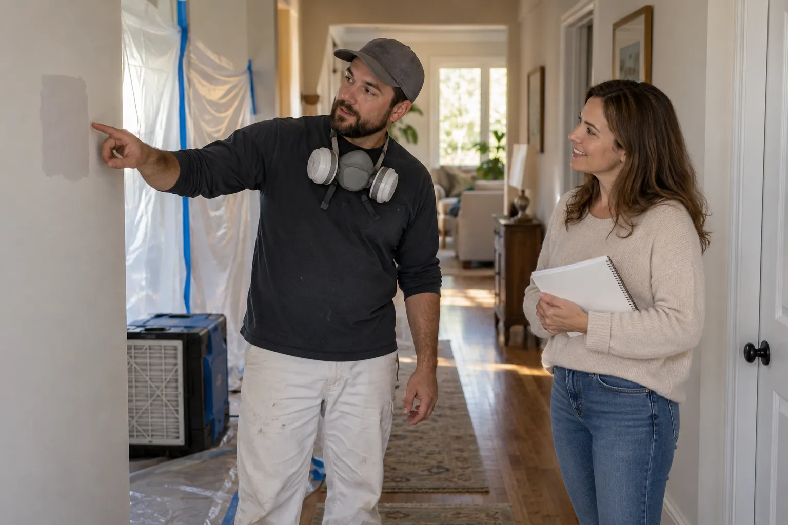 A friendly mold remediation provider talking with a homeowner in a bright Brentwood hallway